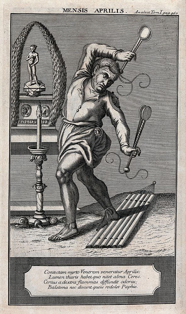 A man dancing in veneration before the image of the goddess Venus; representing the month April. Engraving.