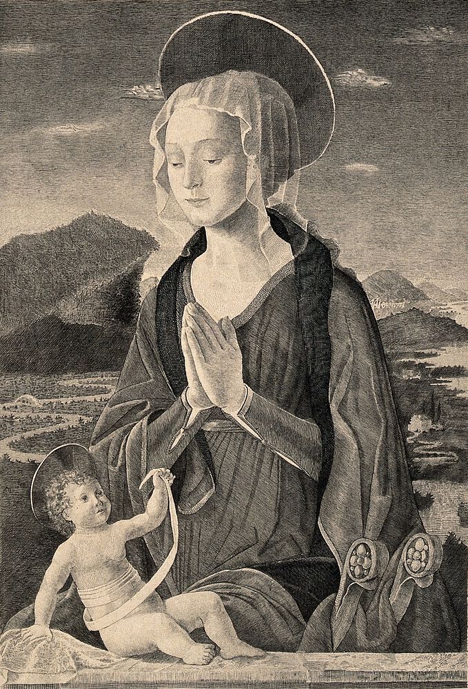 Saint Mary (the Blessed Virgin) with the Christ Child. Engraving by F.-E.Burney after A. Baldovinetti.