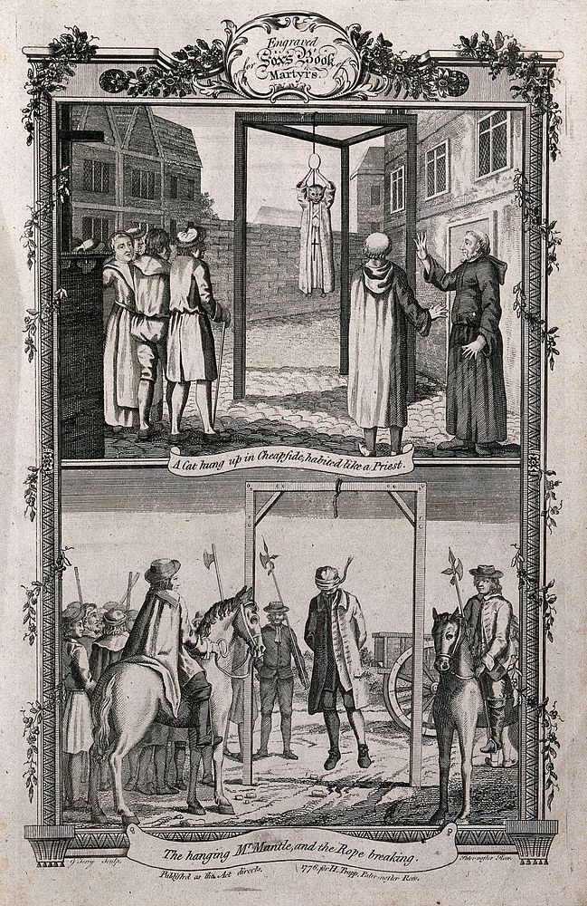 Above, a cat in a priest's habit is hung on the gallows with priests laughing at the sight; below, a blindfolded man is hung…