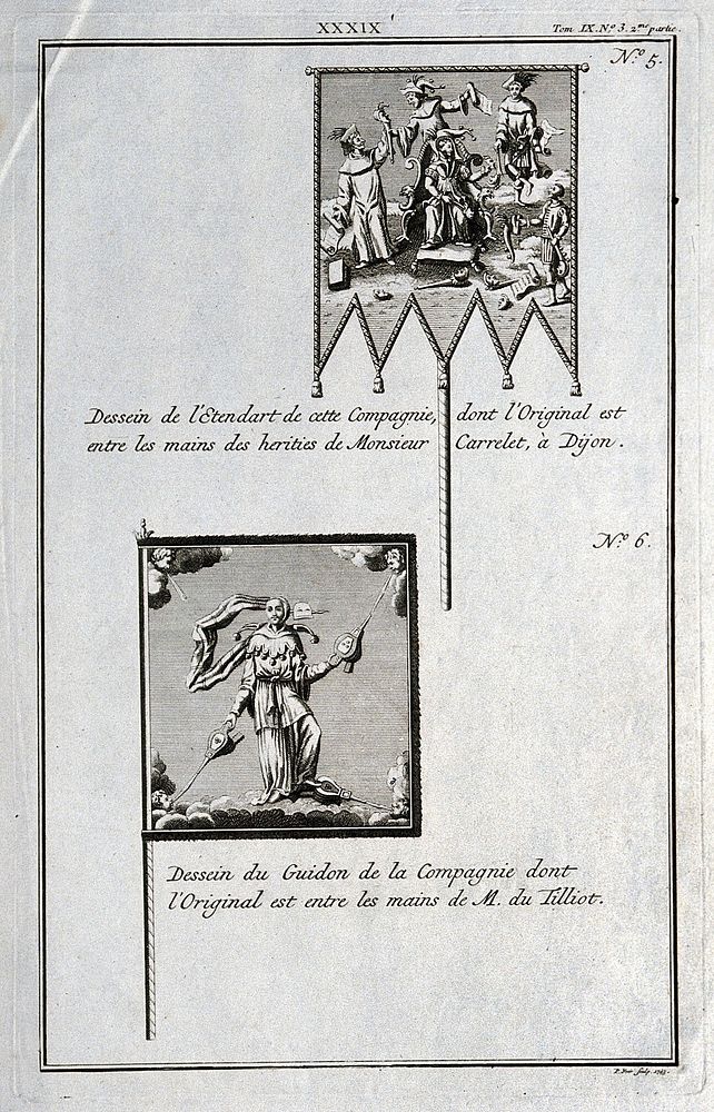 Two designs for flags possibly for a theatrical company. Engraving by P. Yver, 1743.