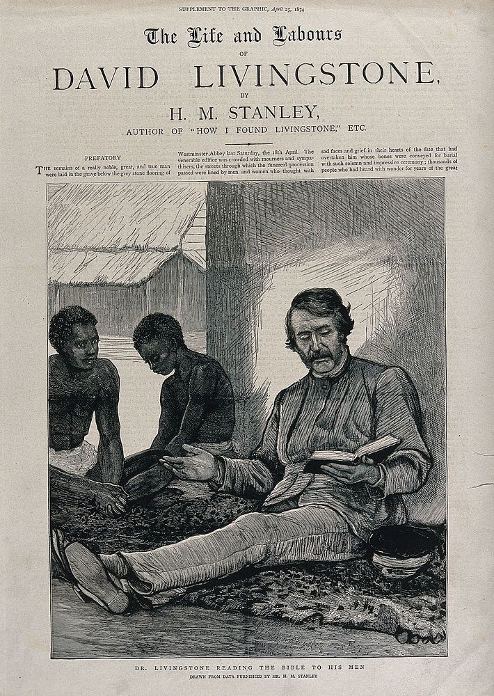 David Livingstone, seated on the ground, reading from the Bible to two African followers. Wood engraving and letterpress…