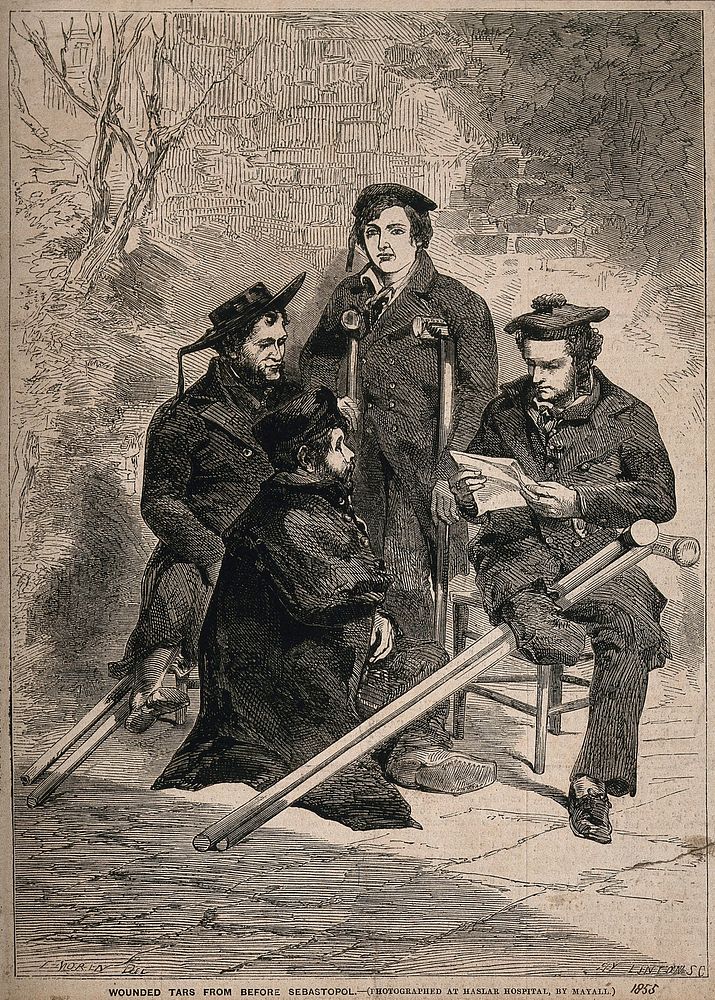 Crimean War: wounded sailors convalescing at Haslar Hospital. Wood engraving by H. Linton after E. Morin after J. Mayall.