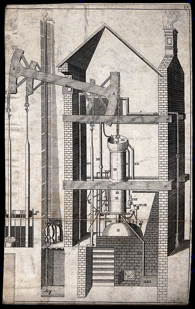 Engineering: a Newcomen steam-engine. Engraving, 174-.