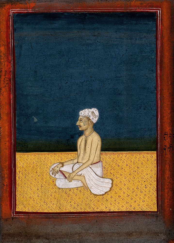 An Indian man seated. Gouache painting.