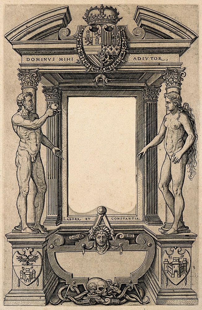 An architectural loggia of Corinthian columns and pilasters with Adam and Eve. Engraving by P. Huys after L. van Noort, 1568.