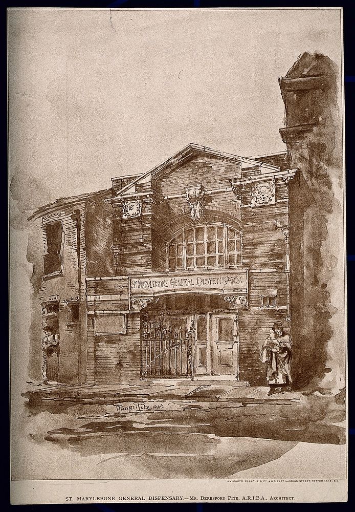 St. Marylebone dispensary, Welbeck Street, London. Sepia photo-lithograph after A. B. Pite, 1892.