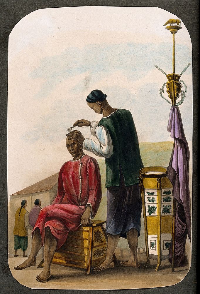 A barber shaving a seated man's head. Watercolour painting.