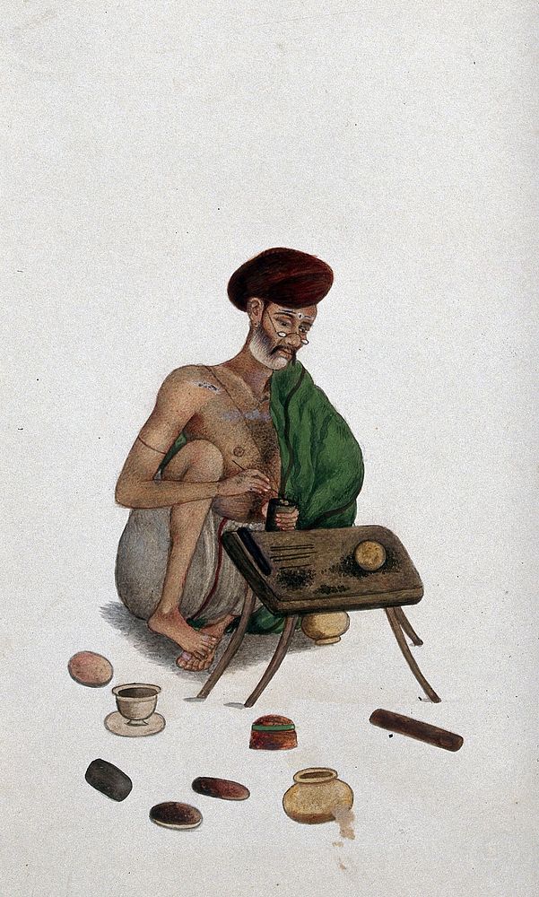 An Indian jeweller at work. Watercolour by an Indian artist.