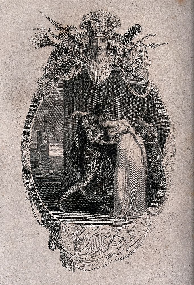 A woman faints and is supported by a man nearby. Engraving by J. Heath after W. Hamilton.