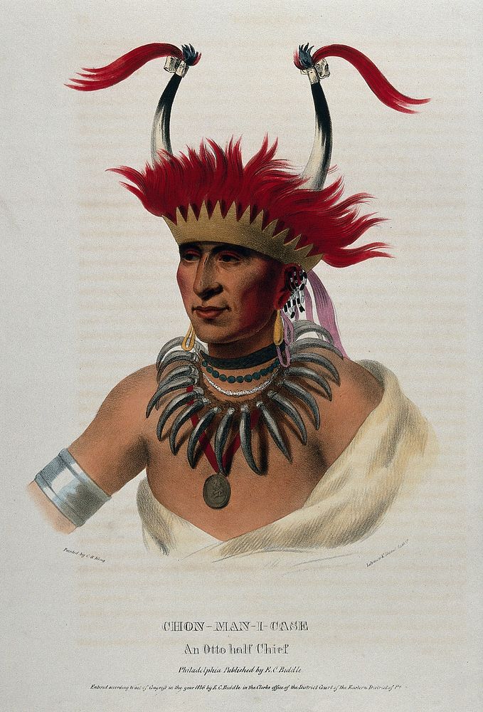 Shaumonekusse, a chief of the Oto (Otoe) tribe, wearing a crown hair piece with horns, a bear-claw necklace and a medallion.…