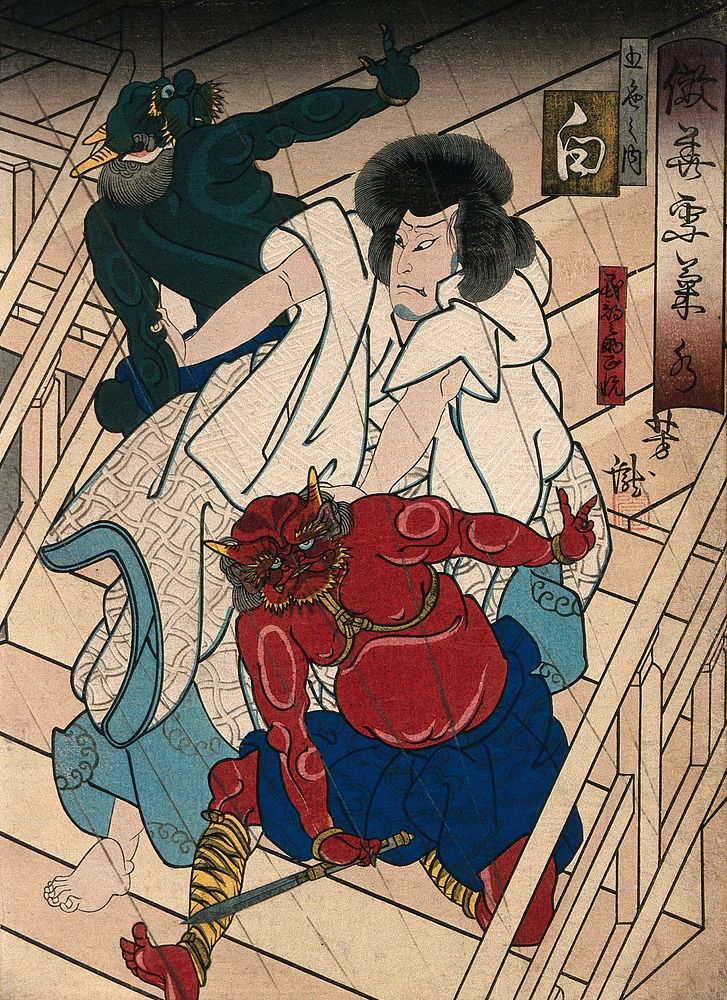 An actor as a hero who grapples with two demons. Colour woodcut by Yoshitaki, early 1860s.