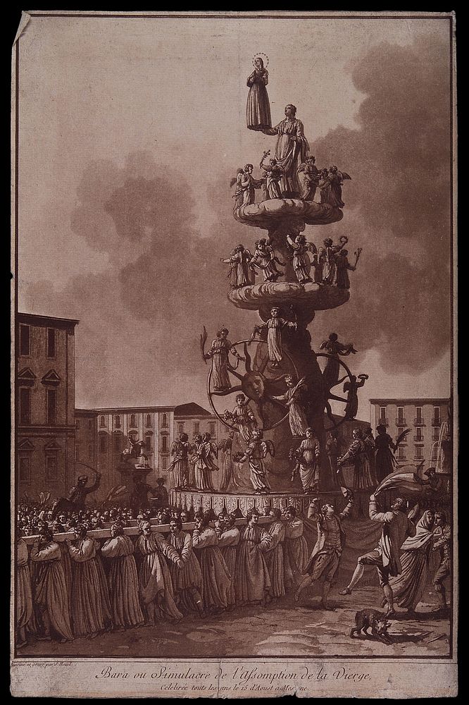 The standard of the procession of the Assumption of the Virgin Mary in Messina during a procession. Aquatint by J. Hoüel.
