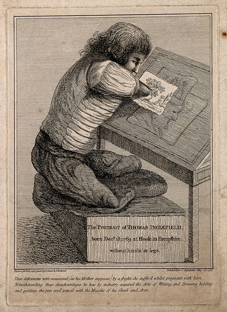 Thomas Inglefield, an artist born without limbs. Etching by S. Ireland, 1787, after F. Grose.