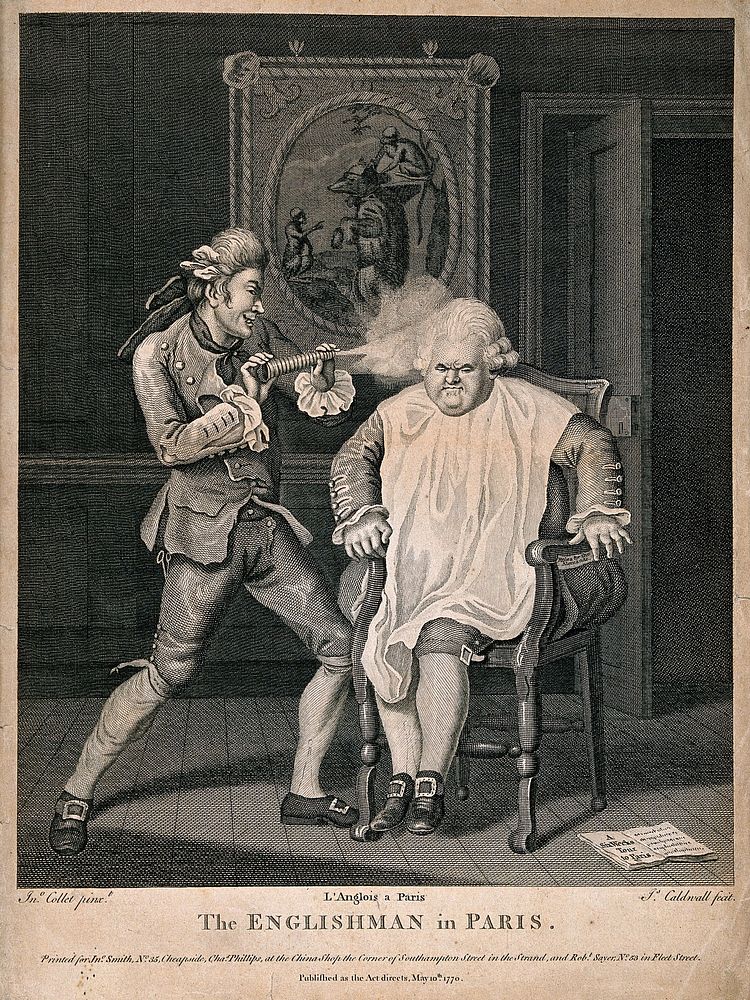 An Englishman seated in a Parisian coiffeur's salon having his hair dressed by a mischievous Frenchman. Engraving by J.…