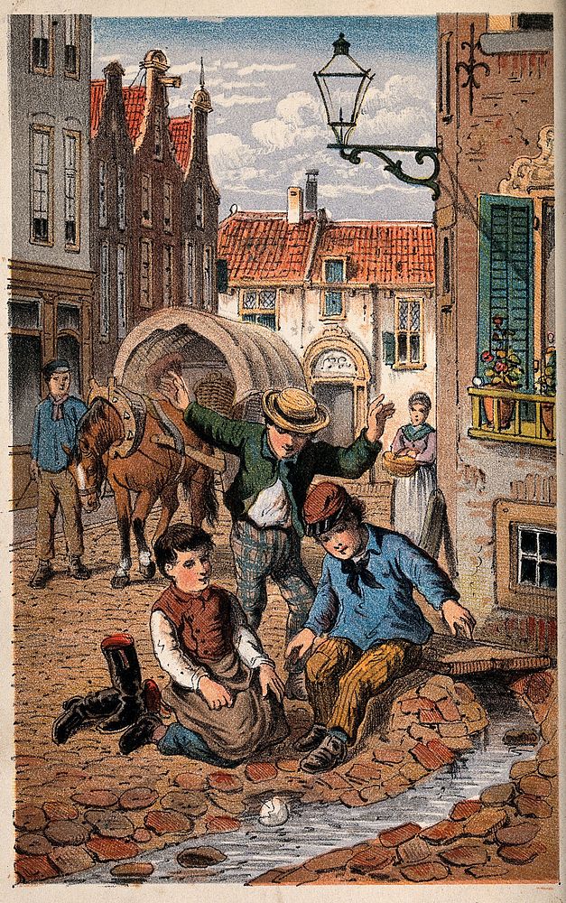 A street scene with a horse and cart and three boys near a stream. Lithograph.