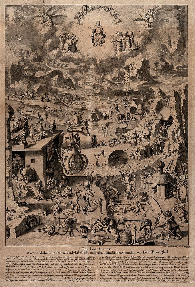 Purgatory. Etching by E. Henne after P. Bruegel the elder.