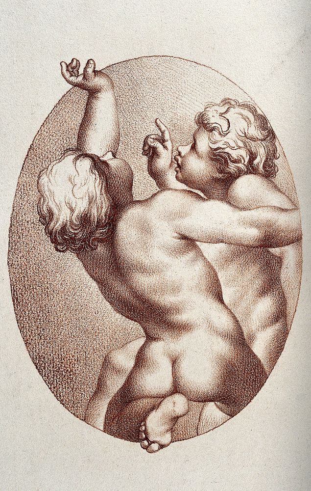 Two putti. Crayon-manner print by F. Rosaspina, 1800, after Francisco Vieira after A. Allegri, il Correggio.