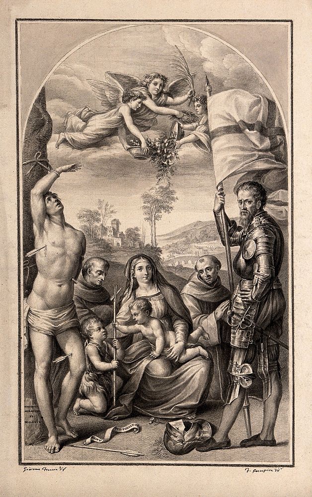 Saint Sebastian with the infant Saint John the Baptist, Saint Francis, Saint Antony of Padua or Saint Bernardino and Saint…