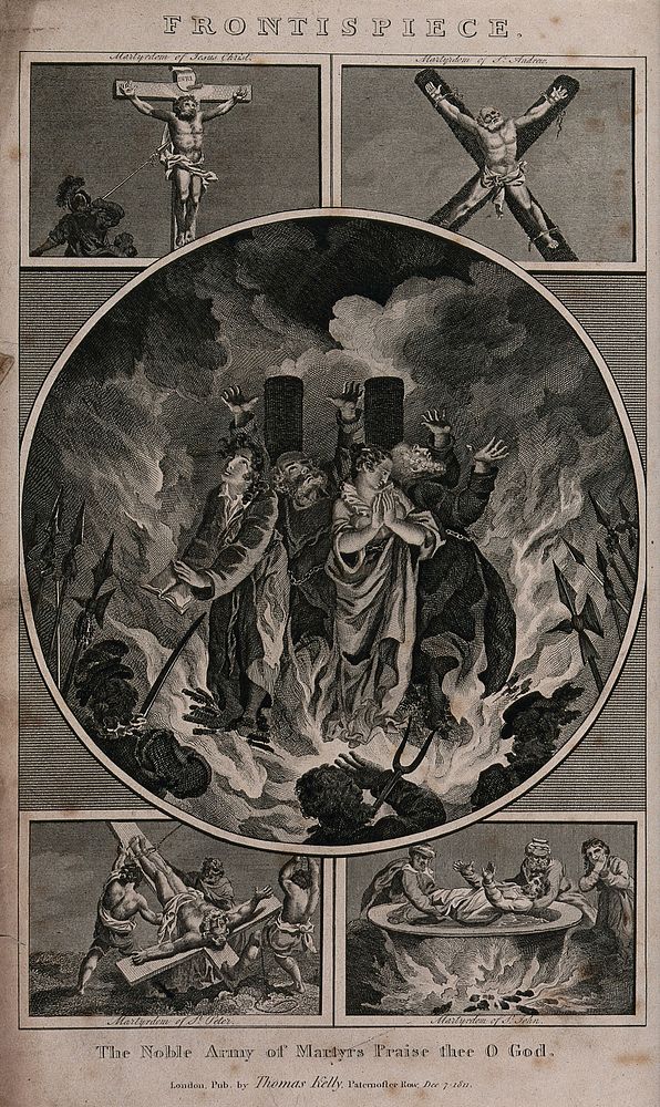 Frontispiece for Fox's Book of Martyrs, showing the martyrdom of Jesus Christ, Saint Andrew, Saint Peter and Saint John.…