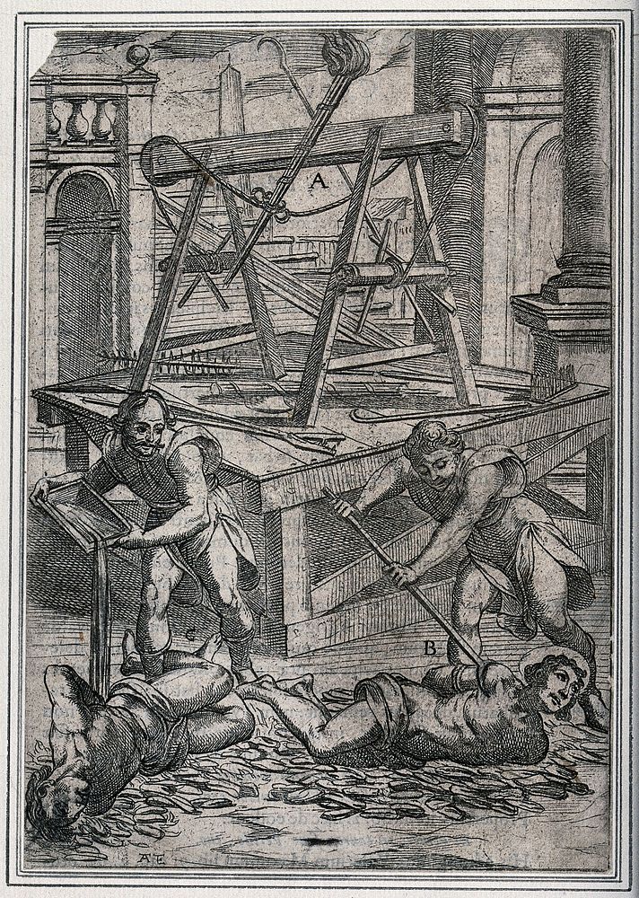 Two saints are tortured before a platform with a rack. Etching.