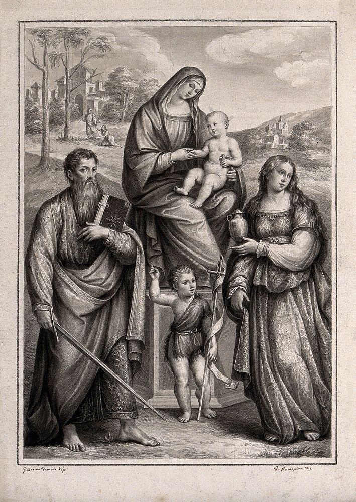 The Virgin Mary with the Christ Child and Saint John the Baptist (as a child), Saint Paul and Saint Mary Magdalene. Drawing…