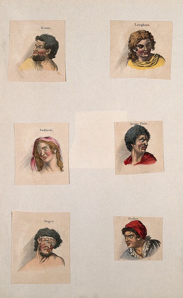 Six faces expressing the human passions: (clockwise from top left) scorn, laughter, acute pain, desire, anger, sadness.…