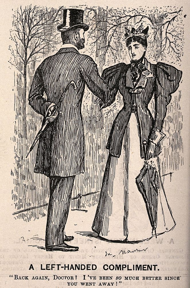 A fashionably dressed lady meets her doctor in the park and informs him that she feels much better since he went away. Wood…