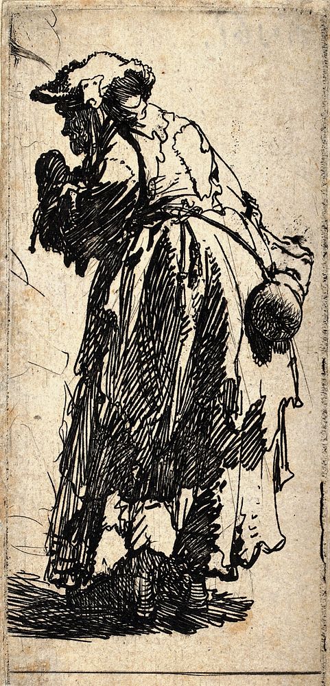 A beggar woman with a gourd. Etching by Rembrandt van Rijn, 1629.