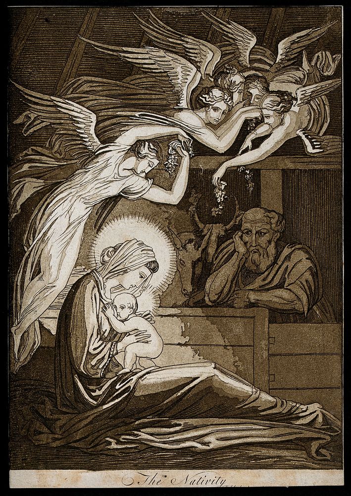 The birth of Christ; female angels swoon through the air; Joseph looks on. Aquatint by T. Piroli, 1796, after W. Y. Ottley.