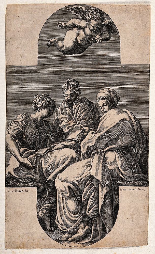 Three muses. Engraving by G. Ghisi after F. Primaticcio.