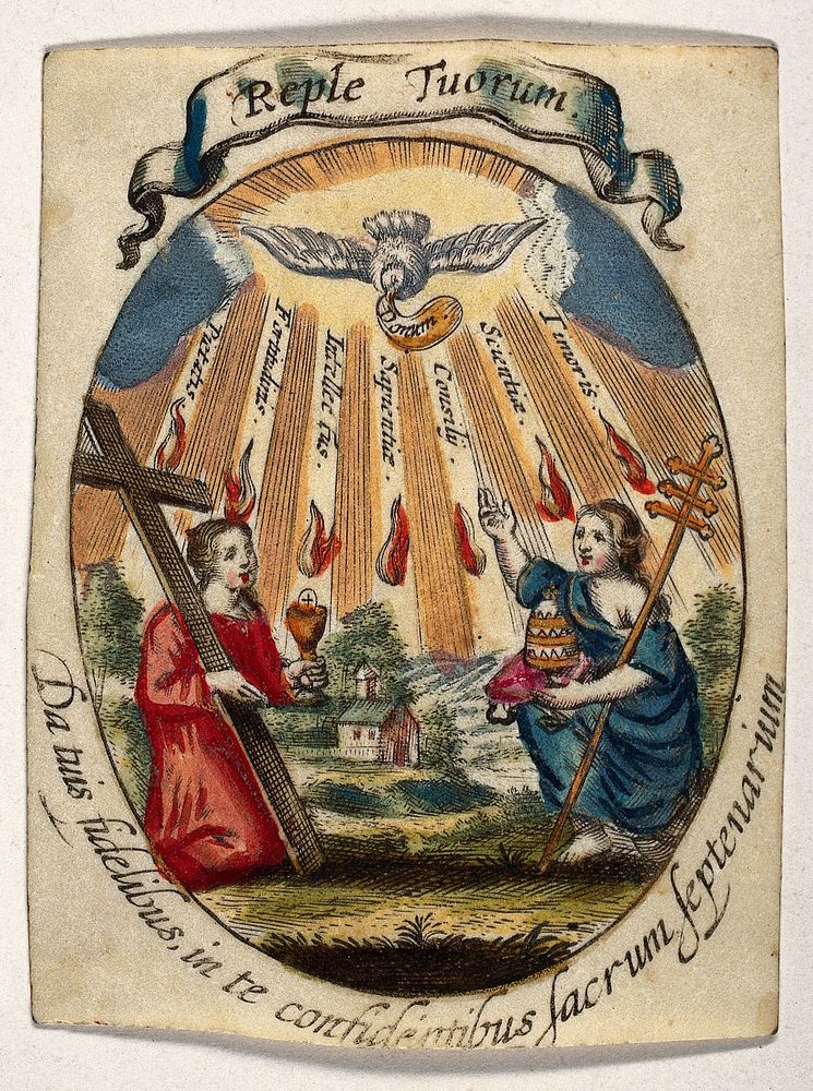 Faith and a female personification of the papacy before a small church; above them the dove of the Holy Spirit dispersing…