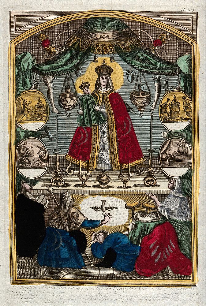 A miraculous image of the Virgin with Child venerated by lame and sick people. Coloured etching.