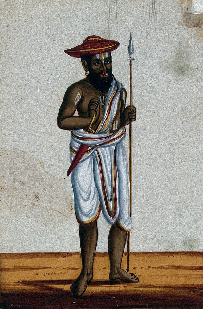 A man wearing a white dress and a red cap, holding a spear. Gouache painting on mica by an Indian artist.