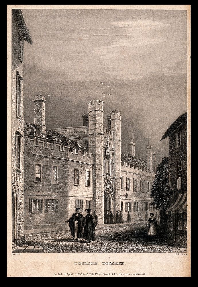 Christ's college, Cambridge. Line engraving by J. Le Keux, 1838, after J.A. Bell.