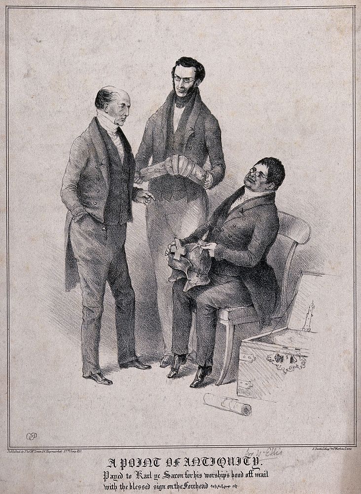 Three antiquarians discussing pieces of armour held by two of them. Lithograph, 1833.