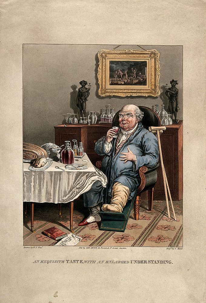 A gouty man savouring his feast. Coloured aquatint by G. Hunt after E.Y.