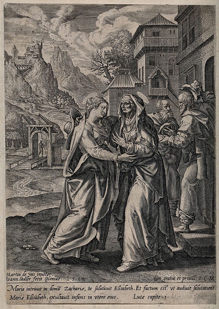 The Visitation of Mary to Elizabeth. Engraving by J. Sadeler after M. de Vos.
