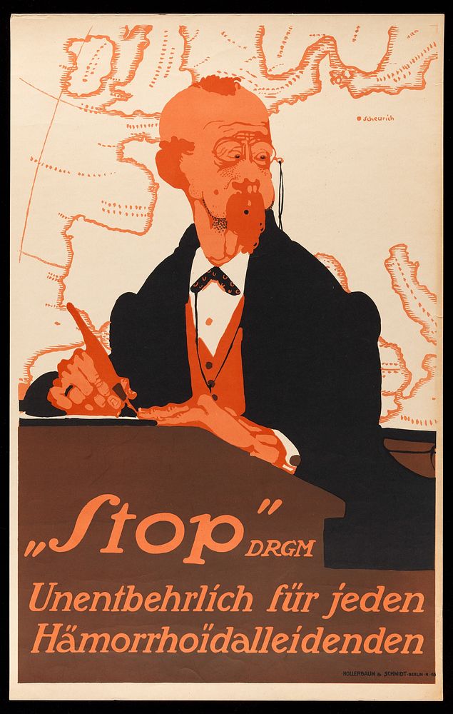 A worried sedentary office worker needing a cure for haemorrhoids; advertising the "Stop" remedy for haemorrhoids. Colour…