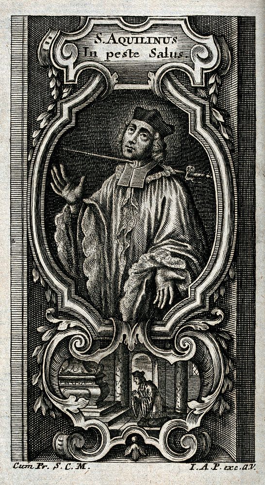 Saint Aquilinus of Milan as a protector against plague. Engraving, 17--.