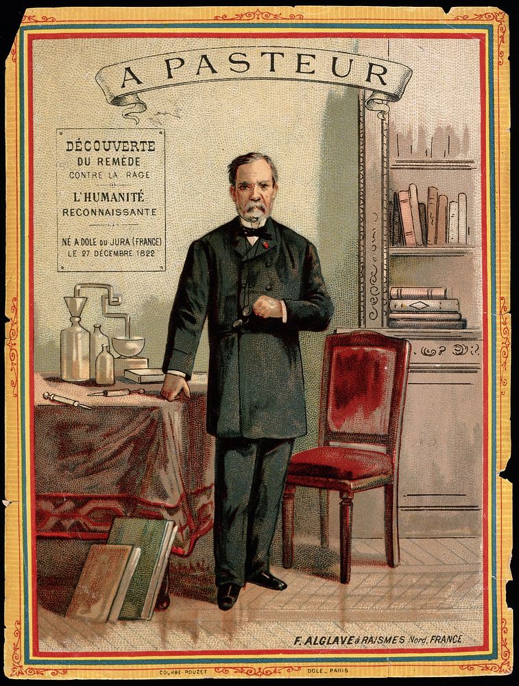 Louis Pasteur, standing, holding eyeglasses, with chemical apparatus and books. Chromolithograph.