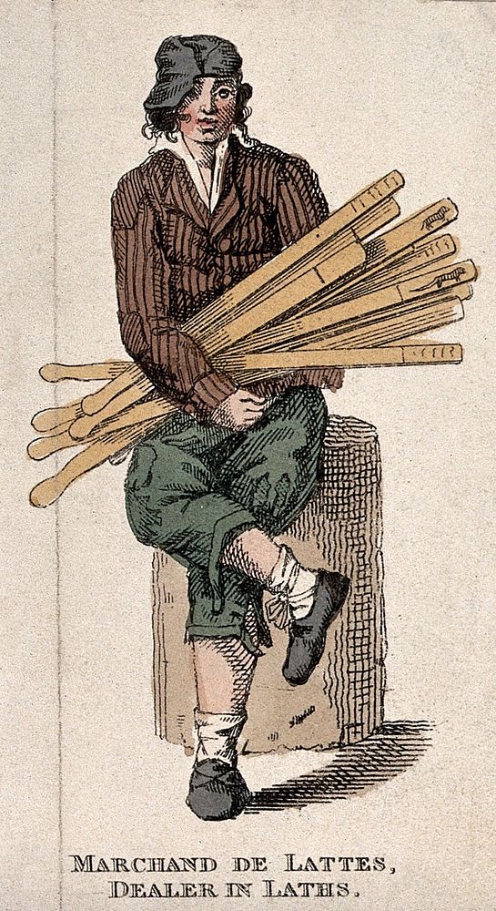 A man is resting against a stone with a large bundle of wooden sticks in his hand. Coloured etching.