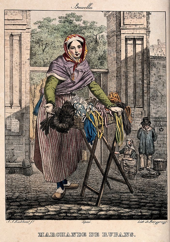 A woman selling ribbons in Brussels has set up her stall in the street. Coloured lithograph by G.P. van den Burggraaff after…