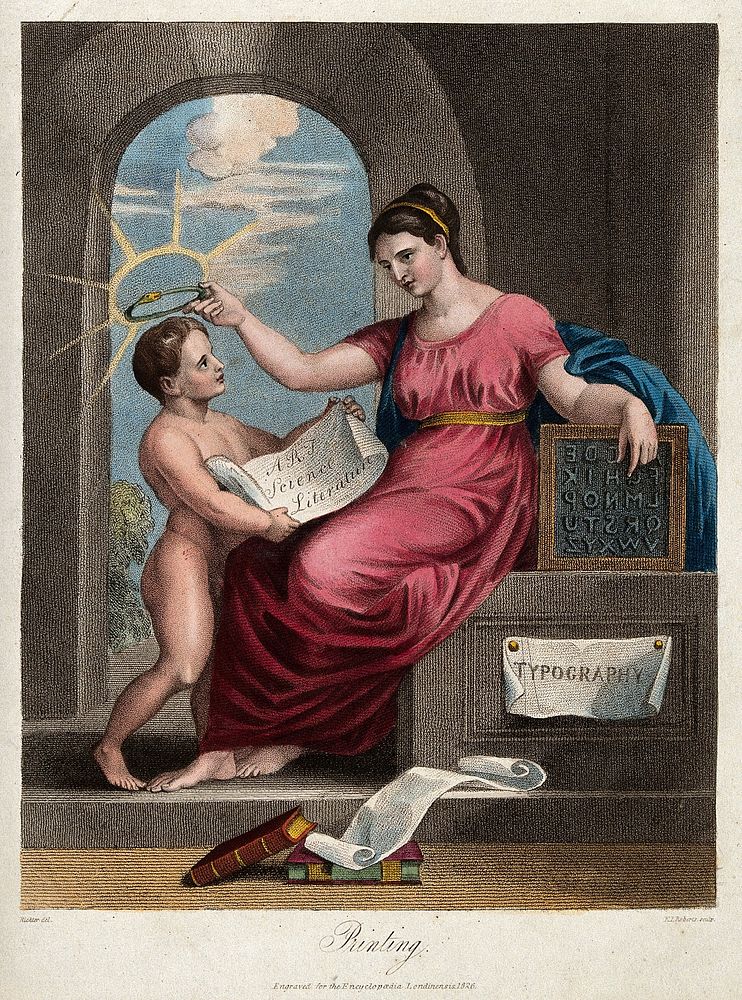 A woman personifying typography crowns a naked boy with a golden serpent; representing printing conferring immortality on…