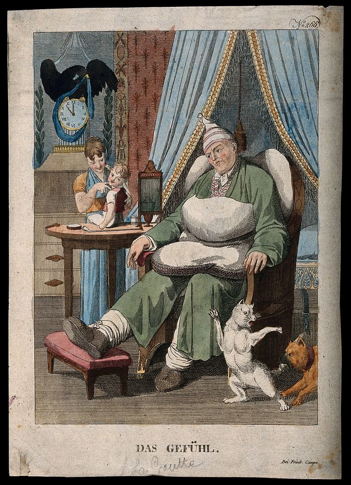 A sick man gazes in a melancholy way, while his family and pets play. Coloured etching, c. 1820.
