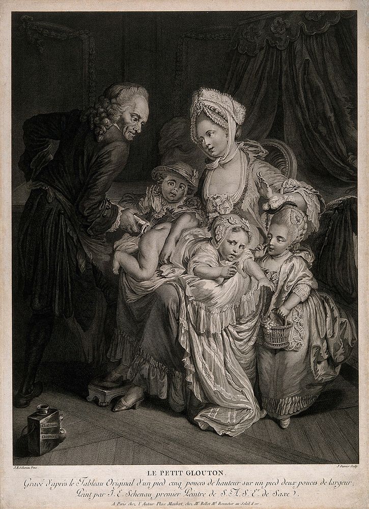 A man administers a clyster to a greedy little boy who is laying across his mothers lap, his two siblings watch the scene…