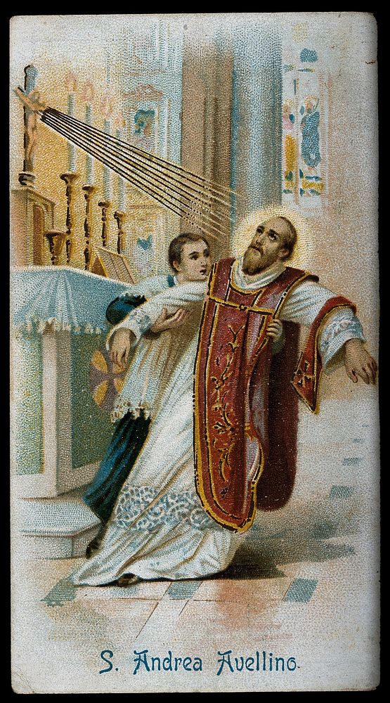 Saint Andrew Avellino: he dies of apoplexy at the altar. Colour lithograph.