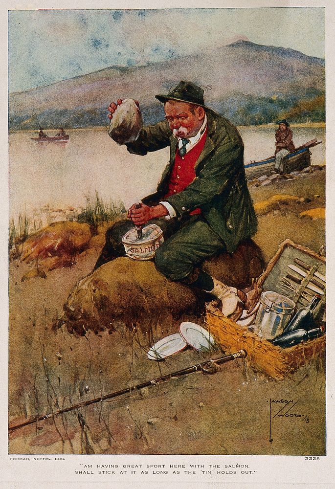 A man is sitting on a rock by the side of a lake with a fishing rod and picnic basket, trying to open a tin of salmon with a…