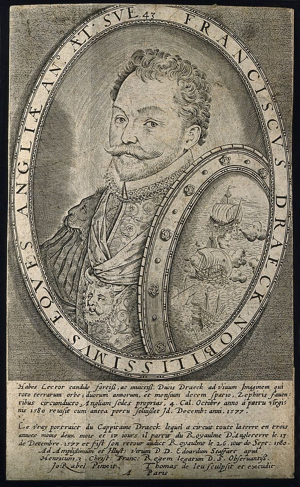 Sir Francis Drake. Line engraving by T. de Leu after J. Rabel.