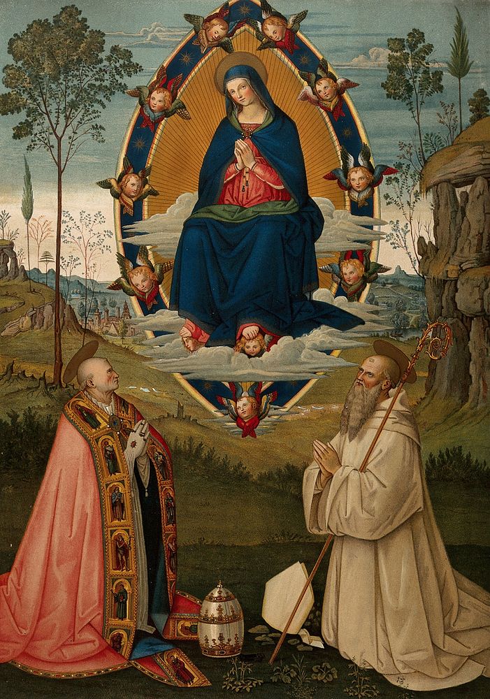 Saint Mary (the Blessed Virgin) in glory with Saint Gregory and Saint Benedict. Chromolithograph by C. Schultz, 1880, after…