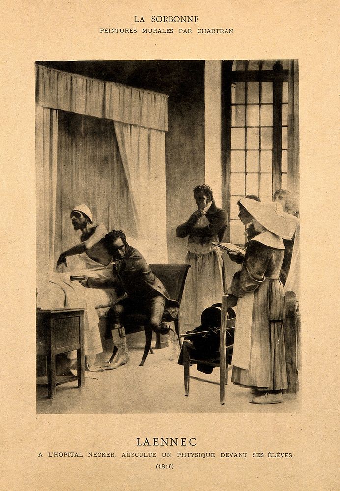 René Théophile Hyacinthe Laënnec auscultating a tubercular patient at the Necker Hospital, Paris, 1816. Reproduction after a…